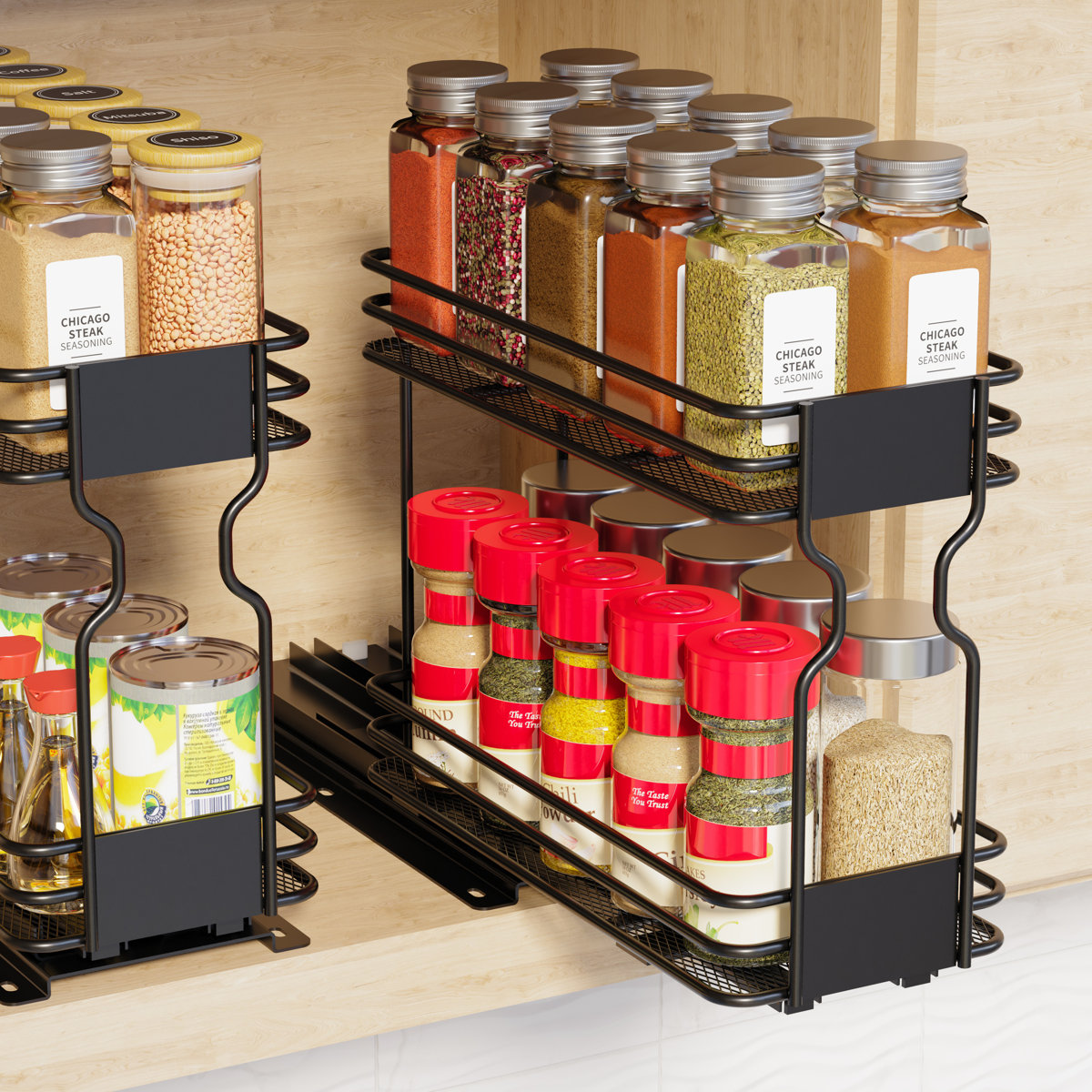 2-Tier Pull Out Spice Rack Organizer for Cabinet, Heavy Duty Slide Out Seasoning Organizer with Labels